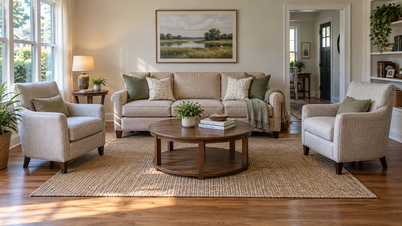 A living-room sofa and chairs arranged for an occupied home's listing photographs
