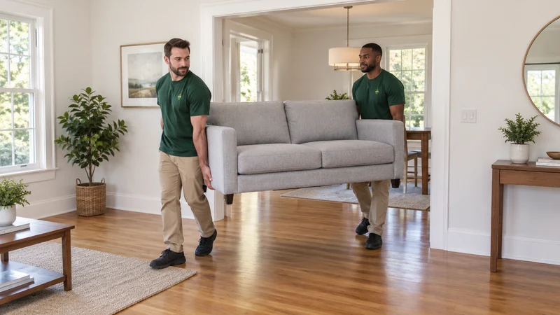 Two movers carrying a sofa between rooms during a Westport rearrangement Two movers carrying a sofa between rooms during a Westport rearrangement