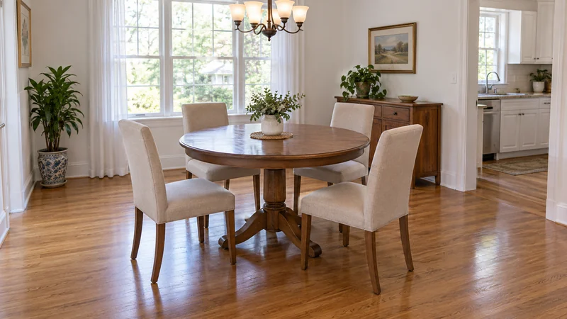 A smaller dining arrangement placed for listing photographs and showings A smaller dining arrangement placed for listing photographs and showings