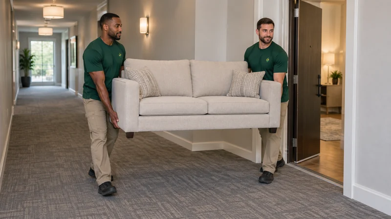 Two movers carrying a compact sofa along a clear apartment-building corridor Two movers carrying a compact sofa along a clear apartment-building corridor