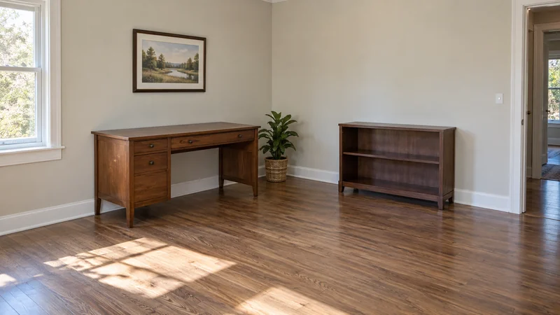 A retained desk and low bookcase held in an approved room during an apartment downsizing A retained desk and low bookcase held in an approved room during an apartment downsizing