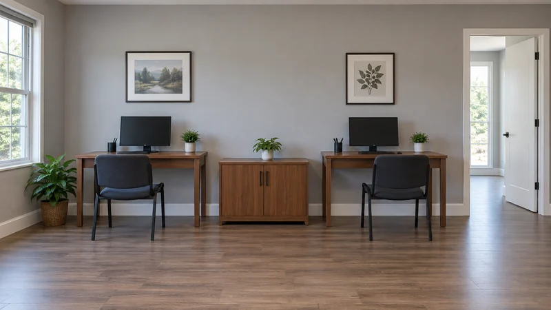 Two workstations placed in a receiving office suite with a clear entrance Two workstations placed in a receiving office suite with a clear entrance