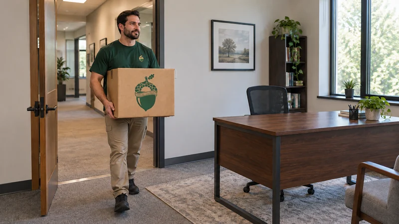 A mover taking a carton into an office receiving room