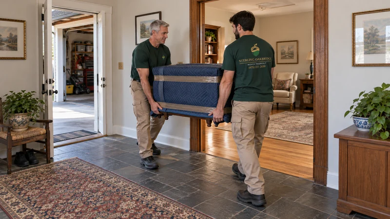 Two movers carrying a small cabinet from an indoor receiving area Two movers carrying a small cabinet from an indoor receiving area
