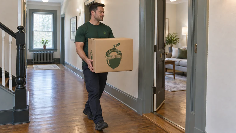 A mover taking a packed carton between apartment doors A mover taking a packed carton between apartment doors