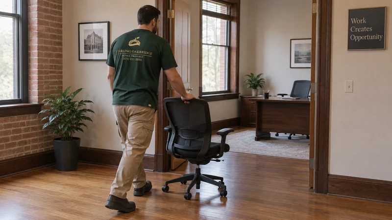 A mover positioning an office chair in a receiving room A mover positioning an office chair in a receiving room