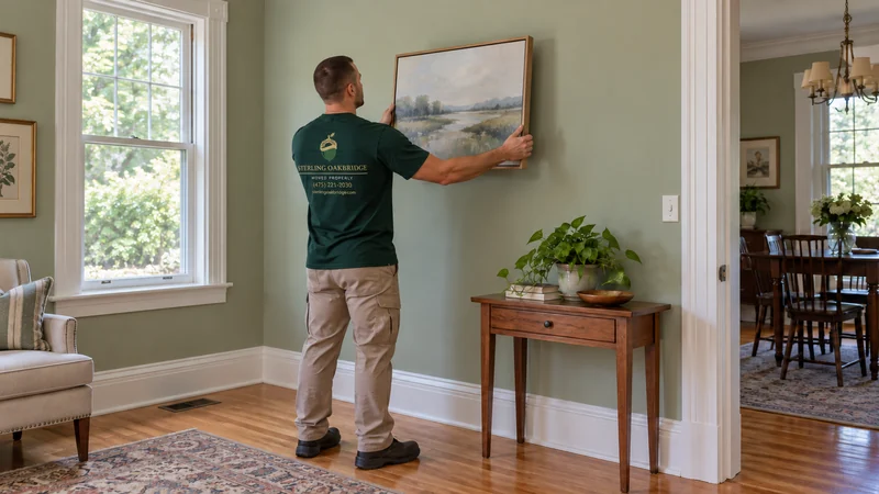 A mover checking the planned position of a framed picture A mover checking the planned position of a framed picture