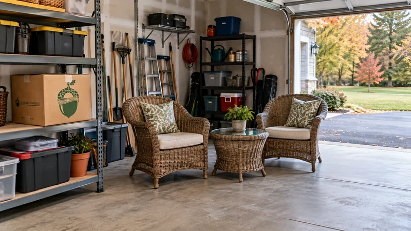 Patio furniture arranged inside suitable winter storage