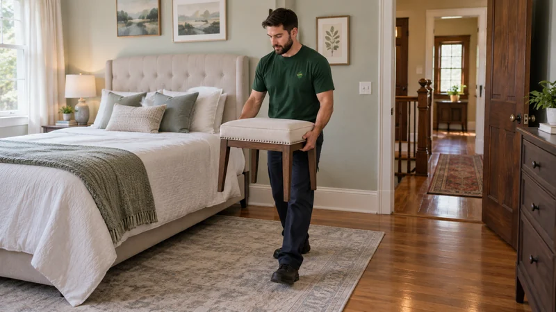 A mover checking the layout of bedroom seating A mover checking the layout of bedroom seating