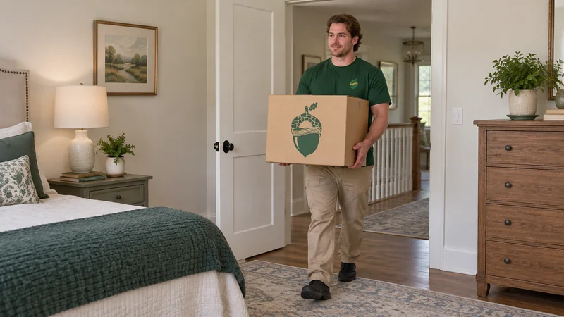 A mover carrying a carton into a receiving bedroom A mover carrying a carton into a receiving bedroom