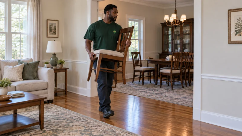 A mover carrying a chair into an agreed holding room A mover carrying a chair into an agreed holding room