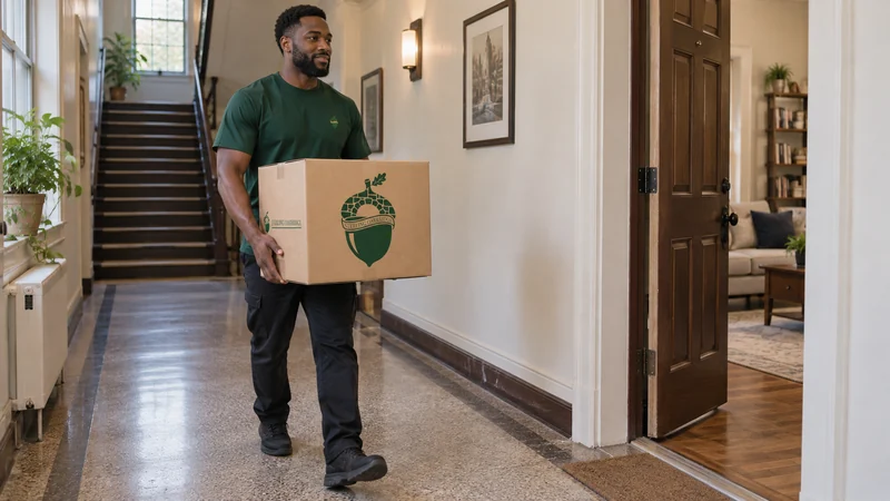 A mover carrying a packed carton to another apartment A mover carrying a packed carton to another apartment
