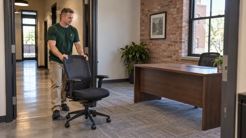 An office chair moved to its new workstation An office chair moved to its new workstation