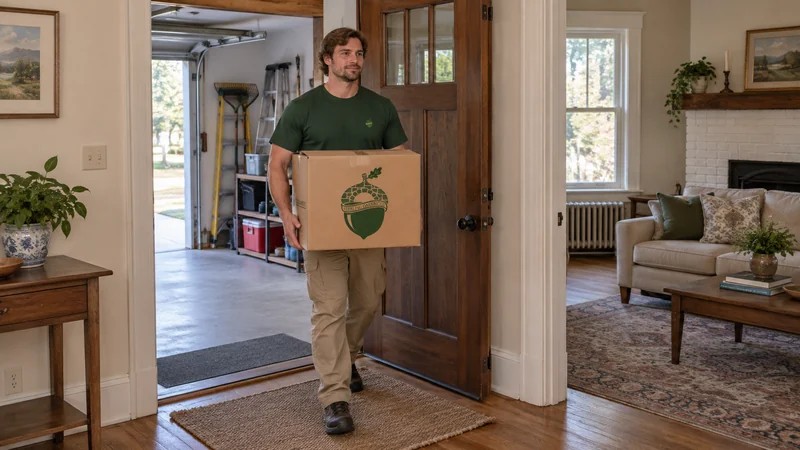 A mover carrying a carton from the receiving area into the home