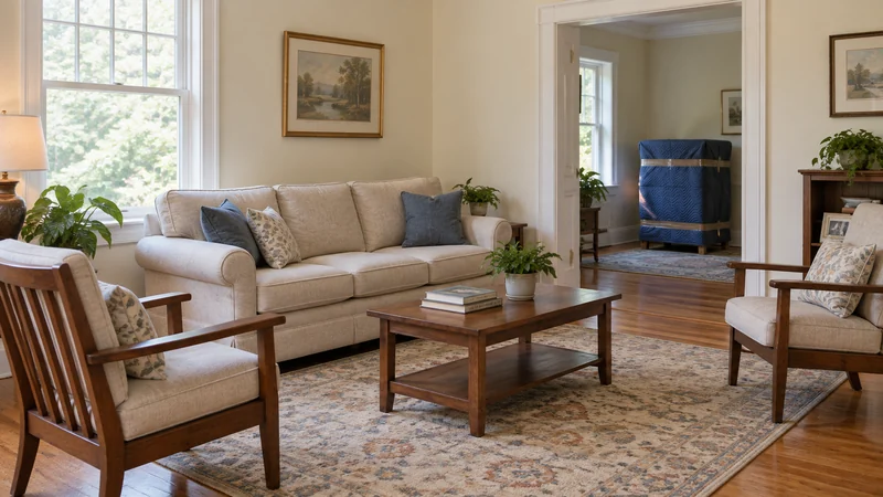 A room arranged for listing photographs with household pieces held nearby