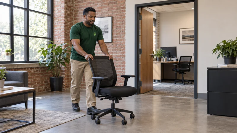 A mover repositioning an office chair inside the building