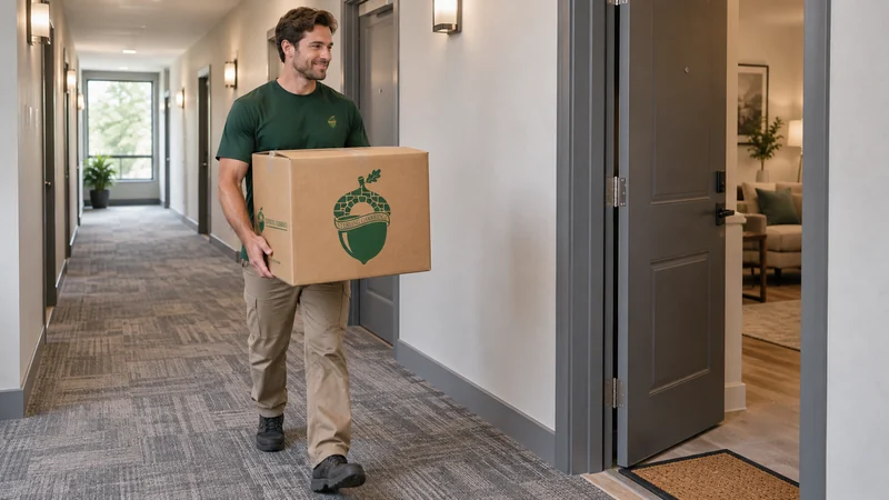 A mover carrying a carton along a same-building corridor