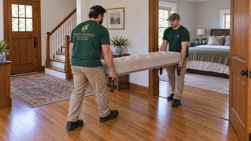 Two movers carrying an upholstered bench between rooms