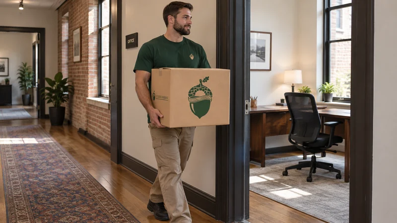 A packed office carton carried to its destination room