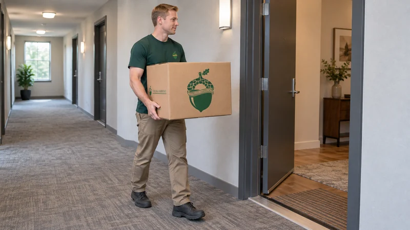 A mover carrying a carton between units on one floor A mover carrying a carton between units on one floor