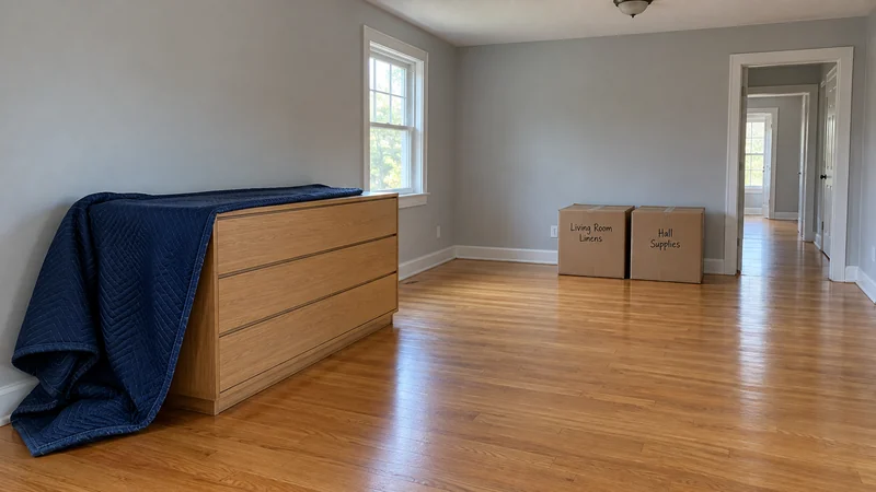 A cabinet at its receiving wall with a real quilt partly removed and closed cartons nearby A low cabinet placed at its receiving wall with protection partly removed