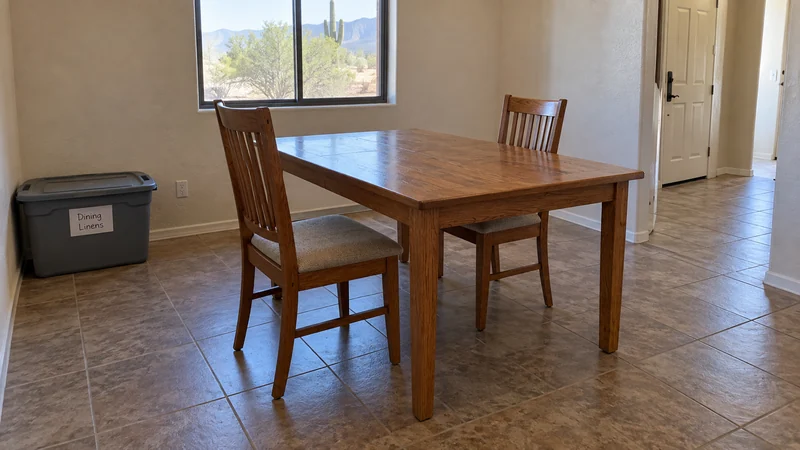 A placed dining table and two chairs with a tote outside the entrance route Placed dining furniture with smaller shipment containers outside the receiving route