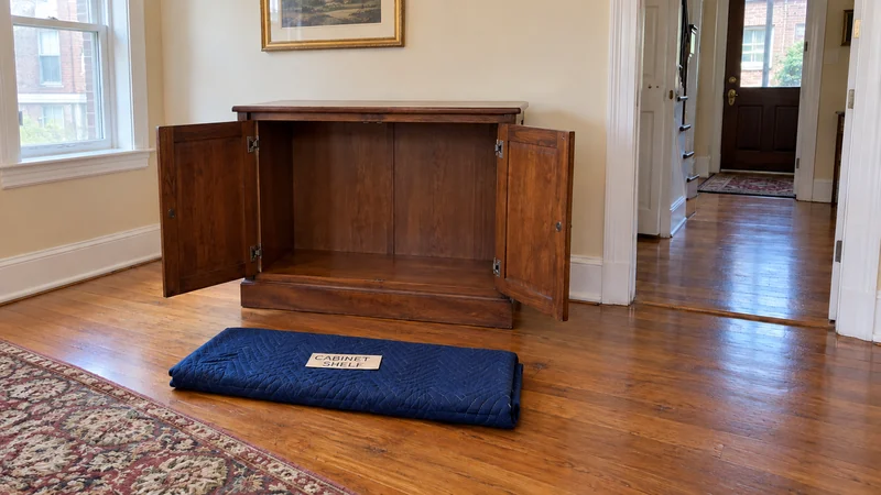 An empty cabinet and its protected removable shelf A complete low cabinet with an empty shelf space and its protected removable shelf kept beside it