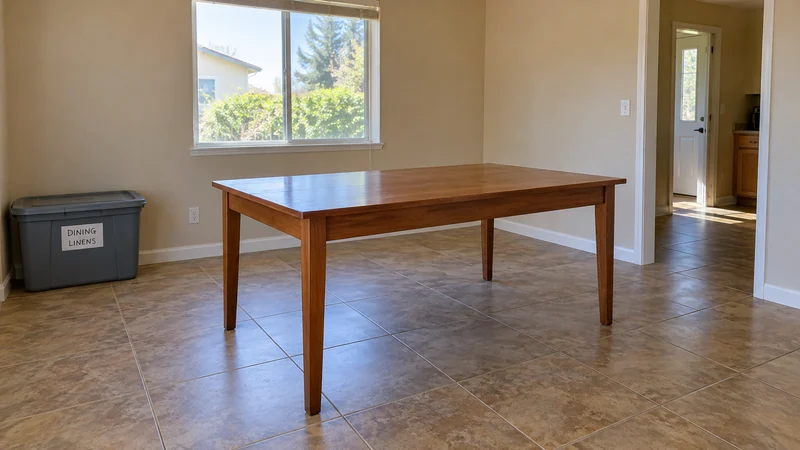 A placed dining table and a clear receiving route A complete reassembled dining table in its final position with labelled containers outside the doorway route