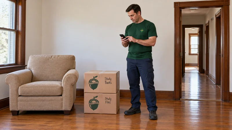 A staff member reviews selected furniture and cartons beside a clear departure route