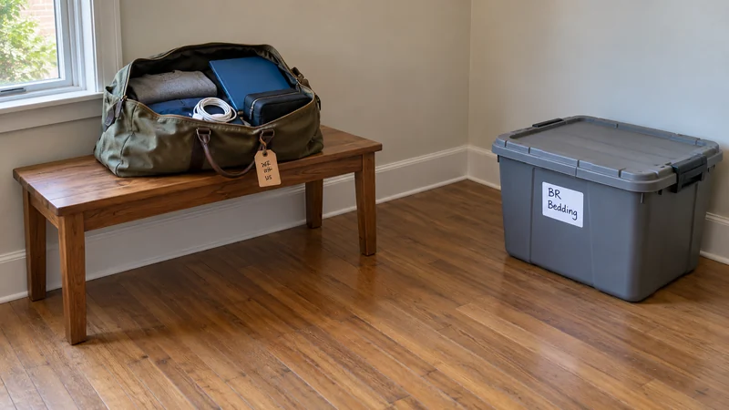A personal travel bag kept apart from the closed moving shipment