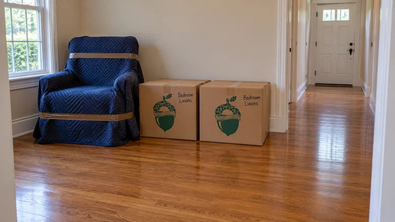 A fully quilt-covered chair and labelled linen cartons outside a clear hall route Protected furniture and closed cartons grouped outside a clear room-to-entrance route