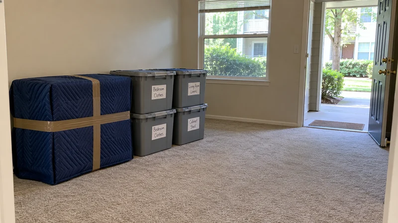 A quilt-protected cabinet and four labelled totes beside a clear open entry A small selected shipment grouped separately from the clear carrying route