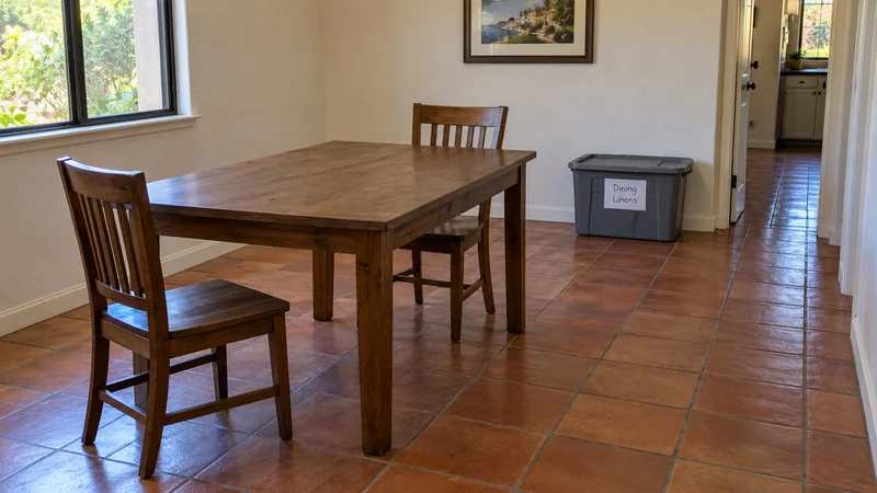 A complete dining table and two chairs with a closed tote outside the receiving route A dining area arranged with usable space around the furniture and a closed tote outside the walking route
