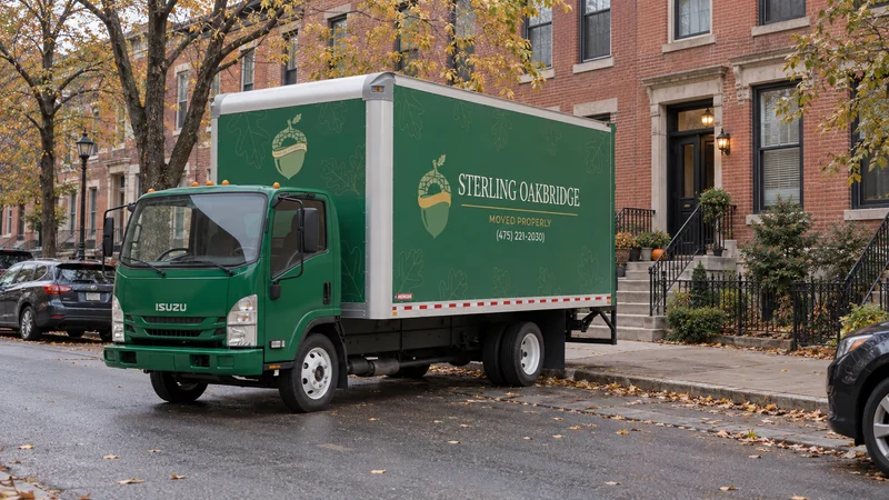 A green branded moving truck at a representative Albany rowhouse curbside position A green branded moving truck at a representative Albany rowhouse curbside position