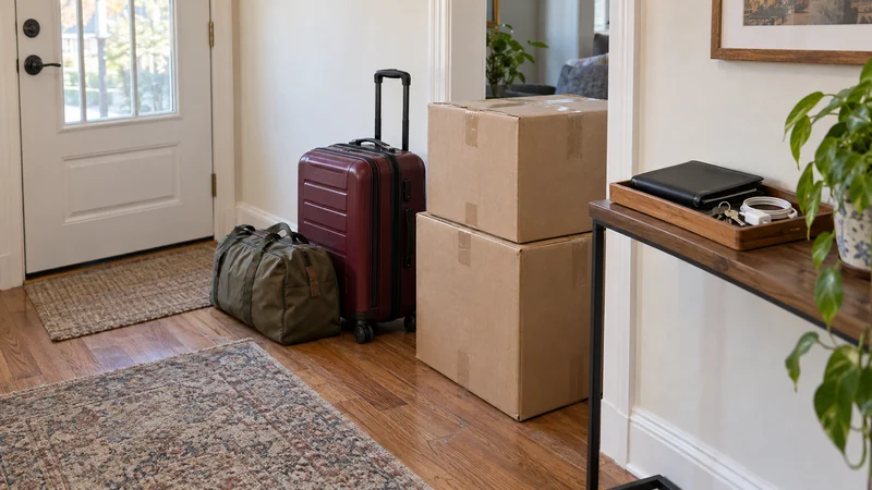 Personal travel bags and a document folio kept separate from sealed household-shipment cartons Personal travel bags and a document folio kept separate from sealed household-shipment cartons