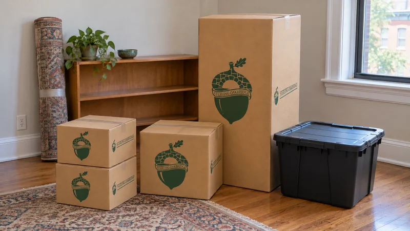 A small consolidated pickup group with correctly scaled Book, medium and wardrobe cartons and a customer tote A small consolidated pickup group with correctly scaled Book, medium and wardrobe cartons and a customer tote