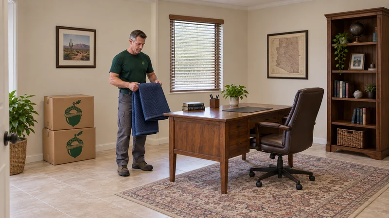 A mover folding removed protection beside a fully unwrapped reassembled desk in a representative receiving room A mover folding removed protection beside a fully unwrapped reassembled desk in a representative receiving room