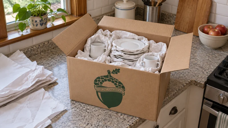Household dishes cushioned with packing paper inside an open moving carton Household dishes cushioned with packing paper inside an open moving carton