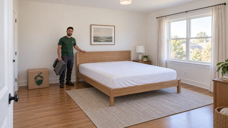 A mover beside a fully unwrapped reassembled bed in a receiving bedroom A mover beside a fully unwrapped reassembled bed in a receiving bedroom