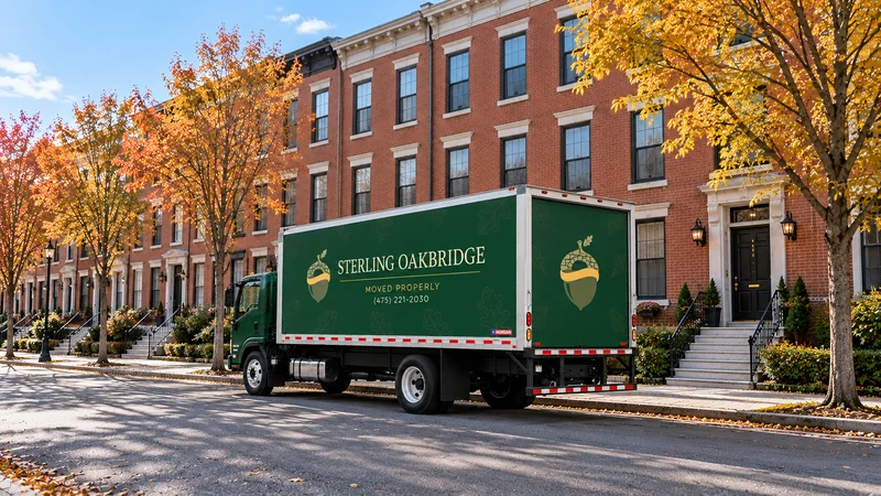 A green Sterling Oakbridge truck beside representative brick rowhouse frontages