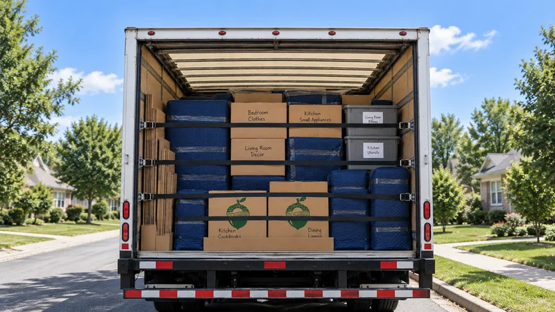 Dense mixed protected furniture, cartons and totes secured inside a moving truck
