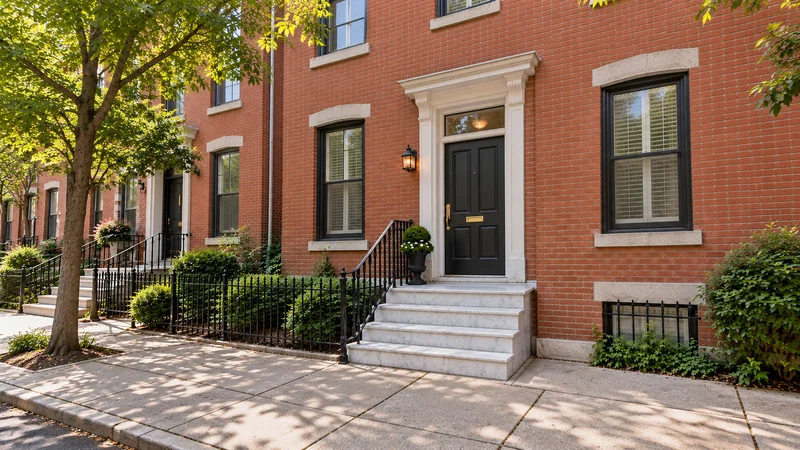 A closed rowhouse entrance with a complete marble stoop and handrail