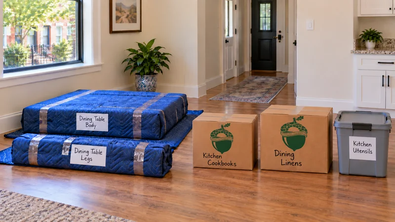 Protected dining-table body and common leg bundle with identified cartons and a tote on the floor
