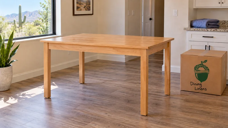 An unwrapped dining table positioned beside a labelled carton in a receiving room