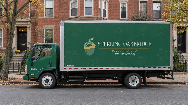 A green NPR moving truck beside representative Boston brick homes A green NPR moving truck beside representative Boston brick homes