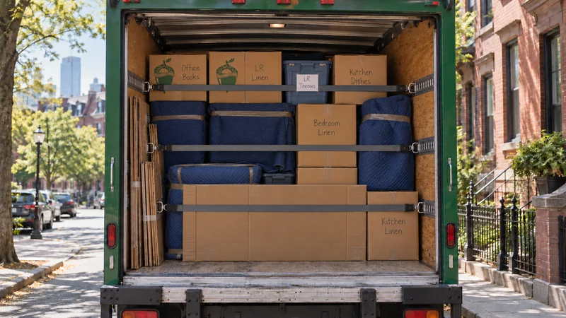 A secured mixed direct household load inside a green moving truck A secured mixed direct household load inside a green moving truck