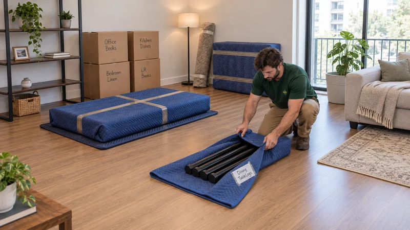 A mover closing one common leg blanket beside the fully protected legless table body A mover preparing the protected table body and its common removed leg set