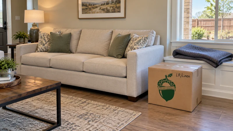 An unwrapped sofa in its receiving position beside a labelled carton An unwrapped sofa in its receiving position beside a labelled carton