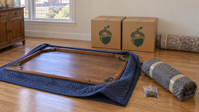 A detached tabletop under preparation with its long legs protected together in a separate bundle A detached tabletop under preparation with its long legs protected together in a separate bundle