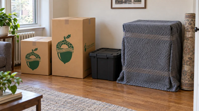A small consolidated group with varied cartons, a customer tote and protected furniture A small consolidated group with varied cartons, a customer tote and protected furniture